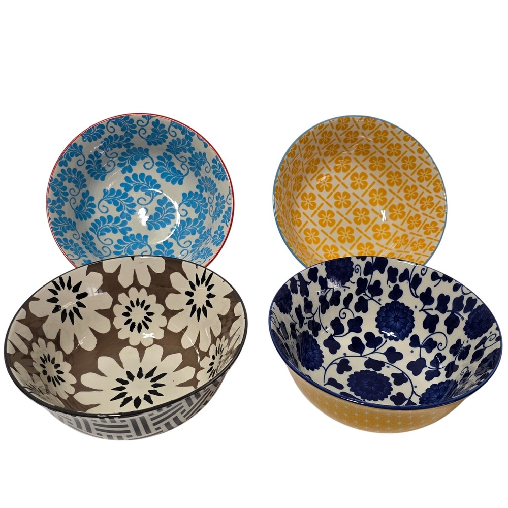 Certified International Set of 4 Ceramic Bowls Multicolor Boho Floral Geometric